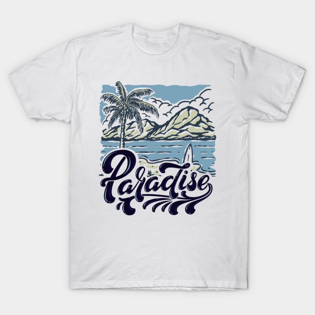 Beach Tropical Paradise Surfing Mountains Palm Tree Landscape Design T-Shirt by Joaddo